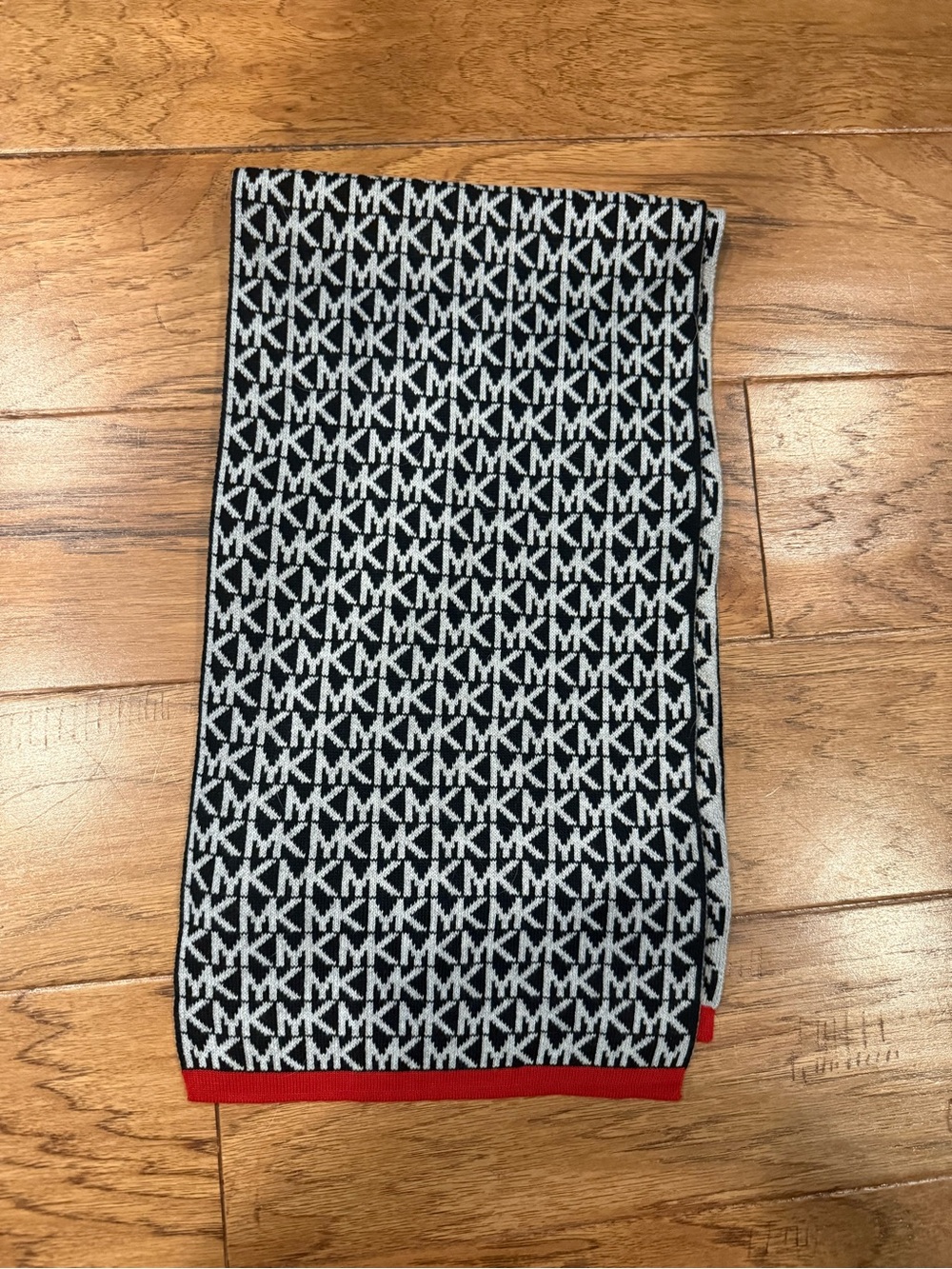 Michael Kors Black and White Monogram Knit Scarf with Red Edge